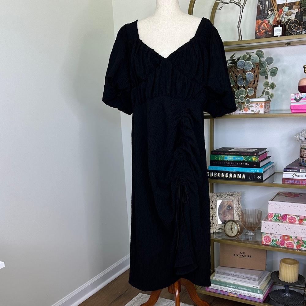 Pretty Little Thing Black Puff Sleeve Ruched Side Split Midi Dress NWT